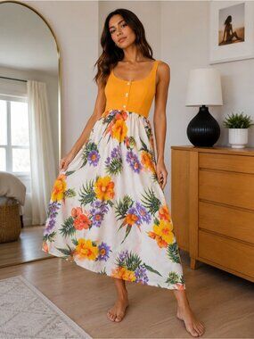 Vintage yellow Bodice Floral 90s Midi Dress